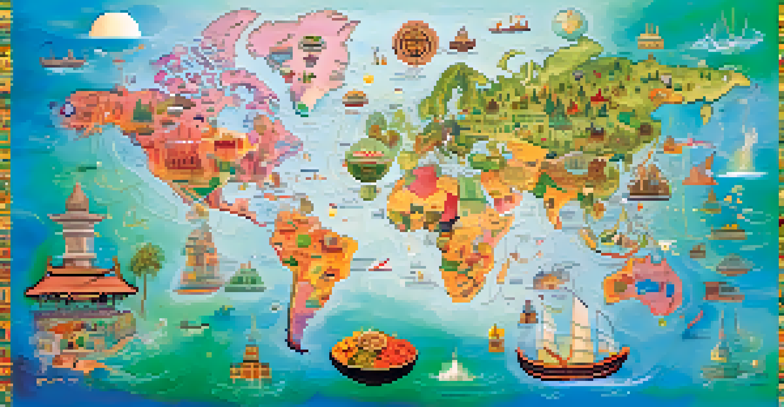 A world map decorated with symbols of various cultures connected by colorful lines, representing communication and cultural exchange.