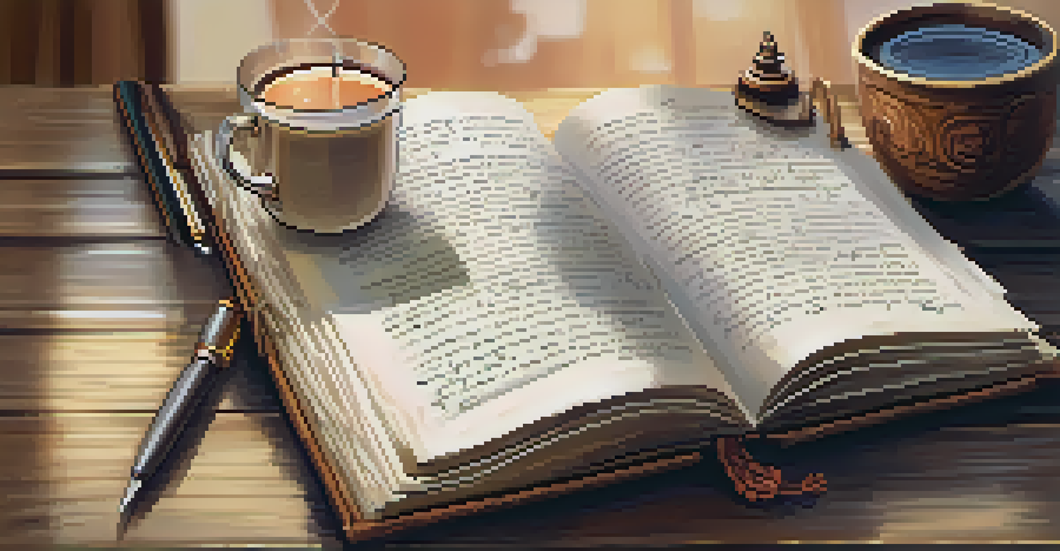 A close-up of an open journal with handwritten notes and a cup of tea in a cozy setting.
