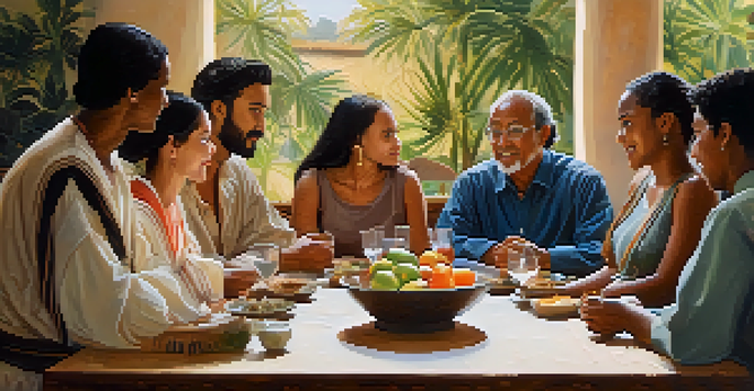 A diverse group of people from different cultures having a respectful discussion at a table, with cultural artifacts in the background under warm lighting.