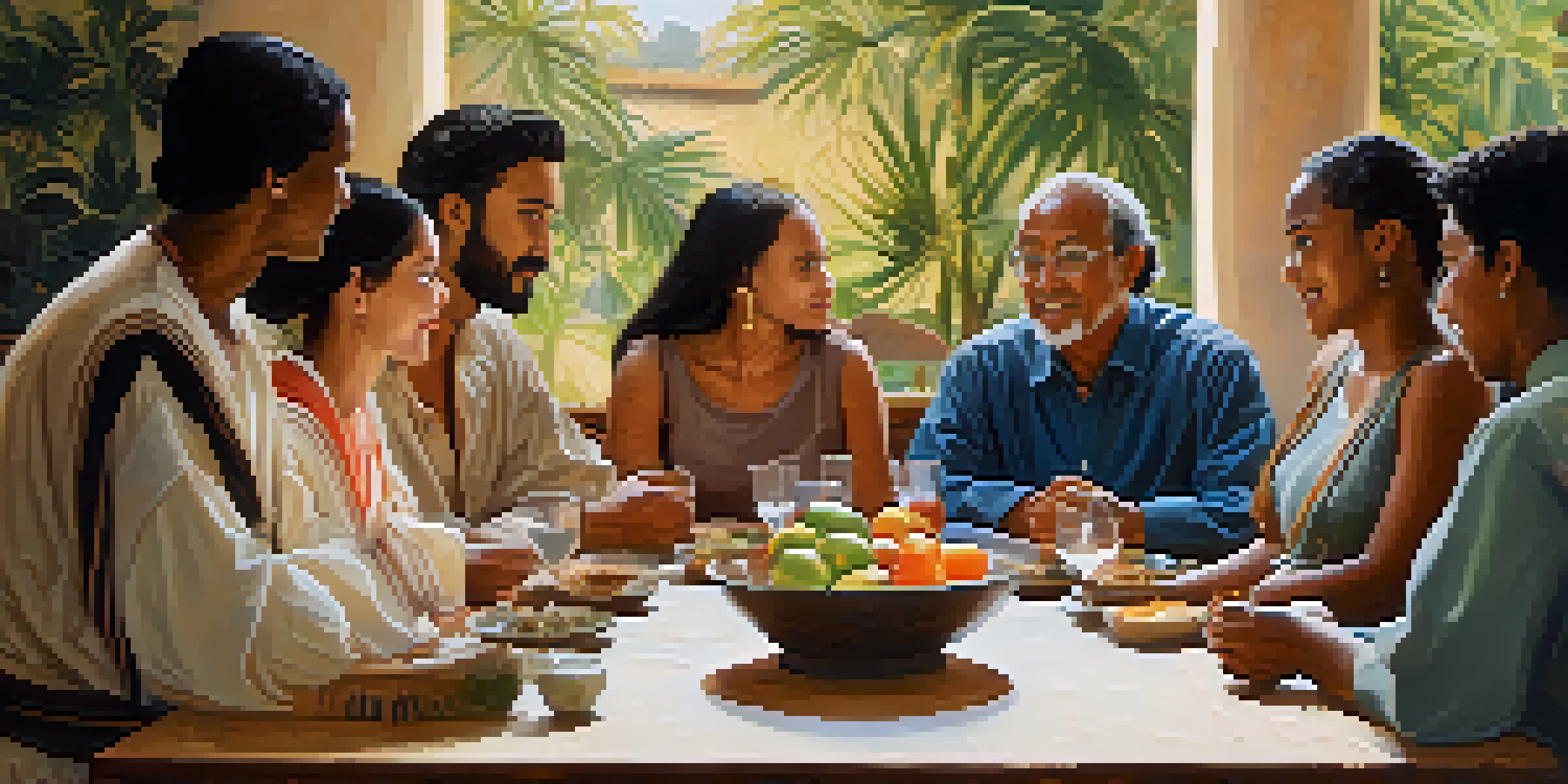 A diverse group of people from different cultures having a respectful discussion at a table, with cultural artifacts in the background under warm lighting.