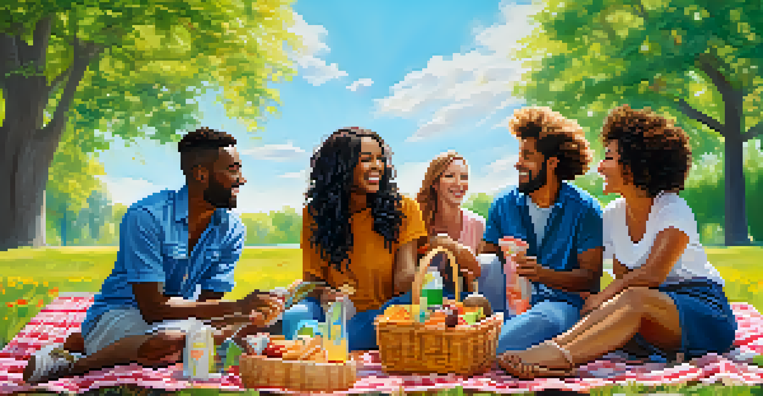 A group of friends enjoying a picnic in a park, surrounded by flowers and greenery, sharing laughter and support.