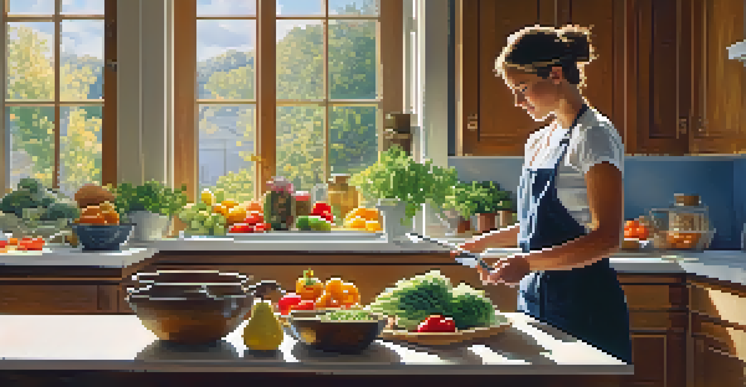 A warm kitchen with a person preparing a healthy meal using fresh vegetables and fruits.
