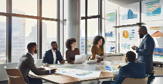 A group of diverse professionals collaborating in a bright office, discussing change management.