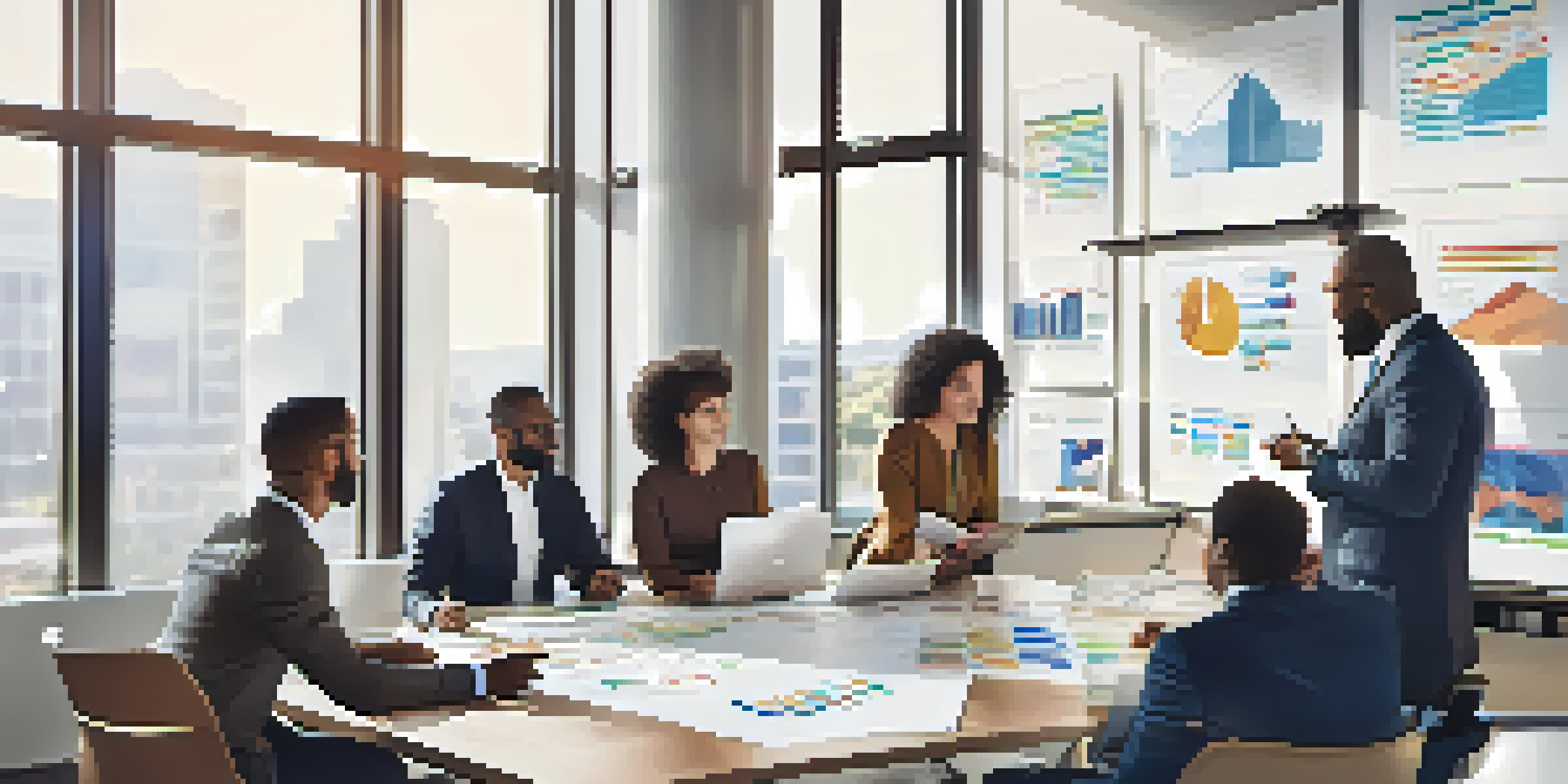 A group of diverse professionals collaborating in a bright office, discussing change management.