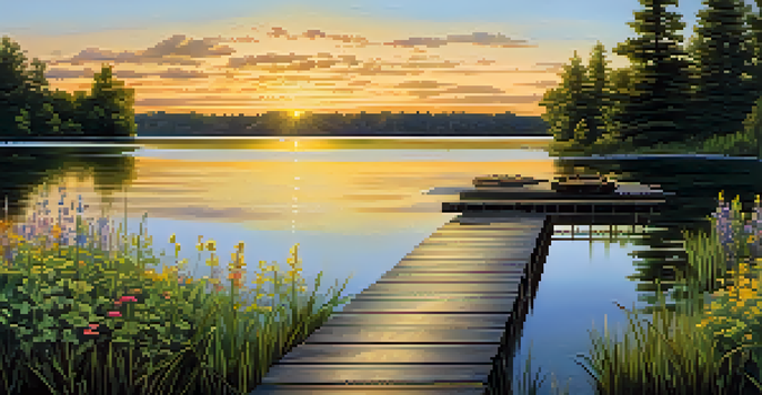 A peaceful lake surrounded by green trees and colorful wildflowers during sunset, with a wooden dock leading into the water.
