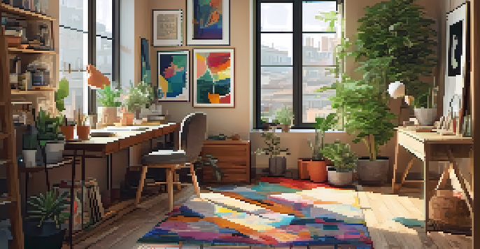 A bright and inviting creative workspace with a wooden desk, colorful artwork, and plenty of natural light coming through a window.