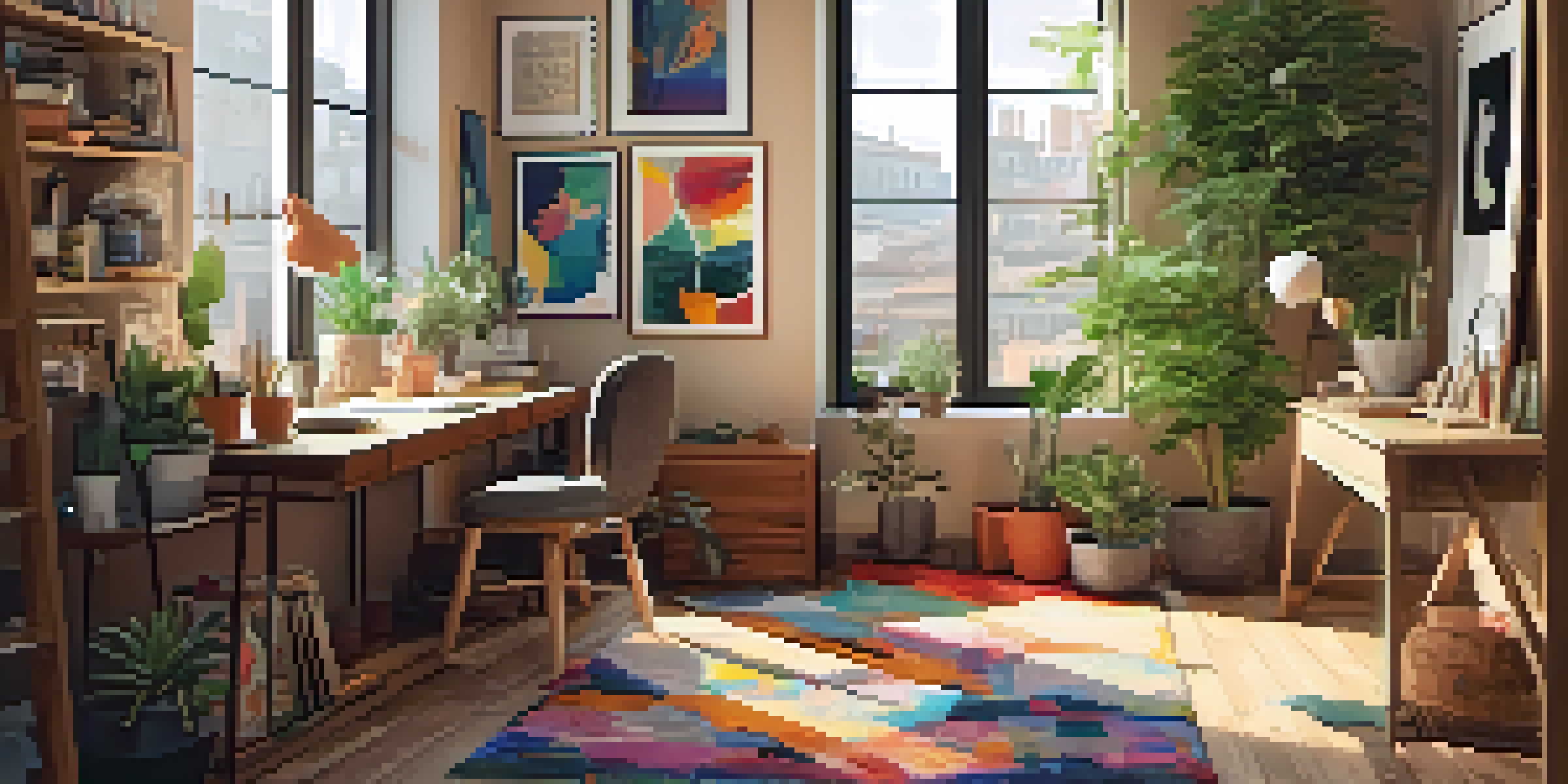 A bright and inviting creative workspace with a wooden desk, colorful artwork, and plenty of natural light coming through a window.