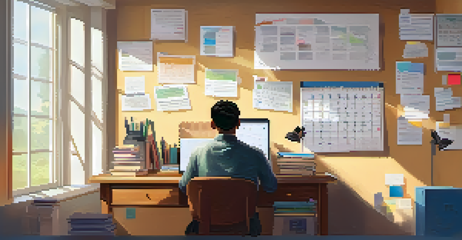 A student studying online at a desk with a laptop, textbooks, and a notebook in a bright and organized room with a bulletin board.