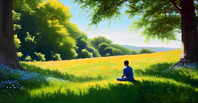 A person sitting cross-legged on a grassy hilltop, surrounded by wildflowers, practicing mindfulness in a peaceful outdoor setting.