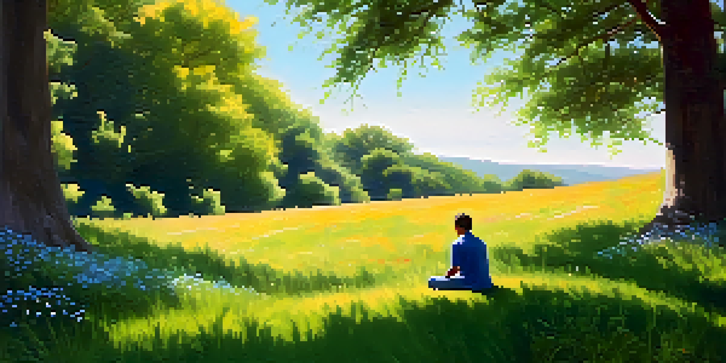 A person sitting cross-legged on a grassy hilltop, surrounded by wildflowers, practicing mindfulness in a peaceful outdoor setting.