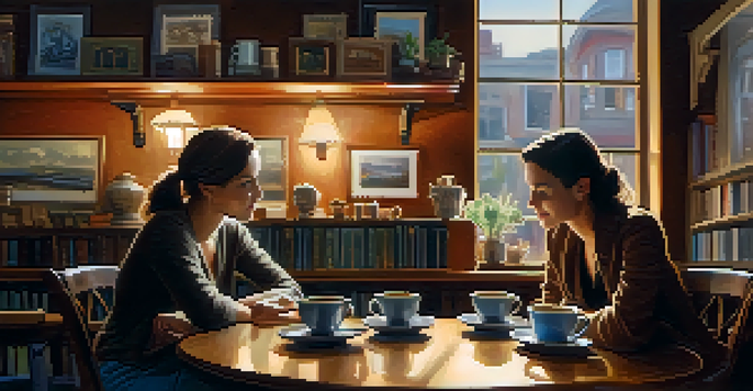 Two friends in a cozy coffee shop engaged in a deep conversation, with coffee cups on the table and warm lighting.