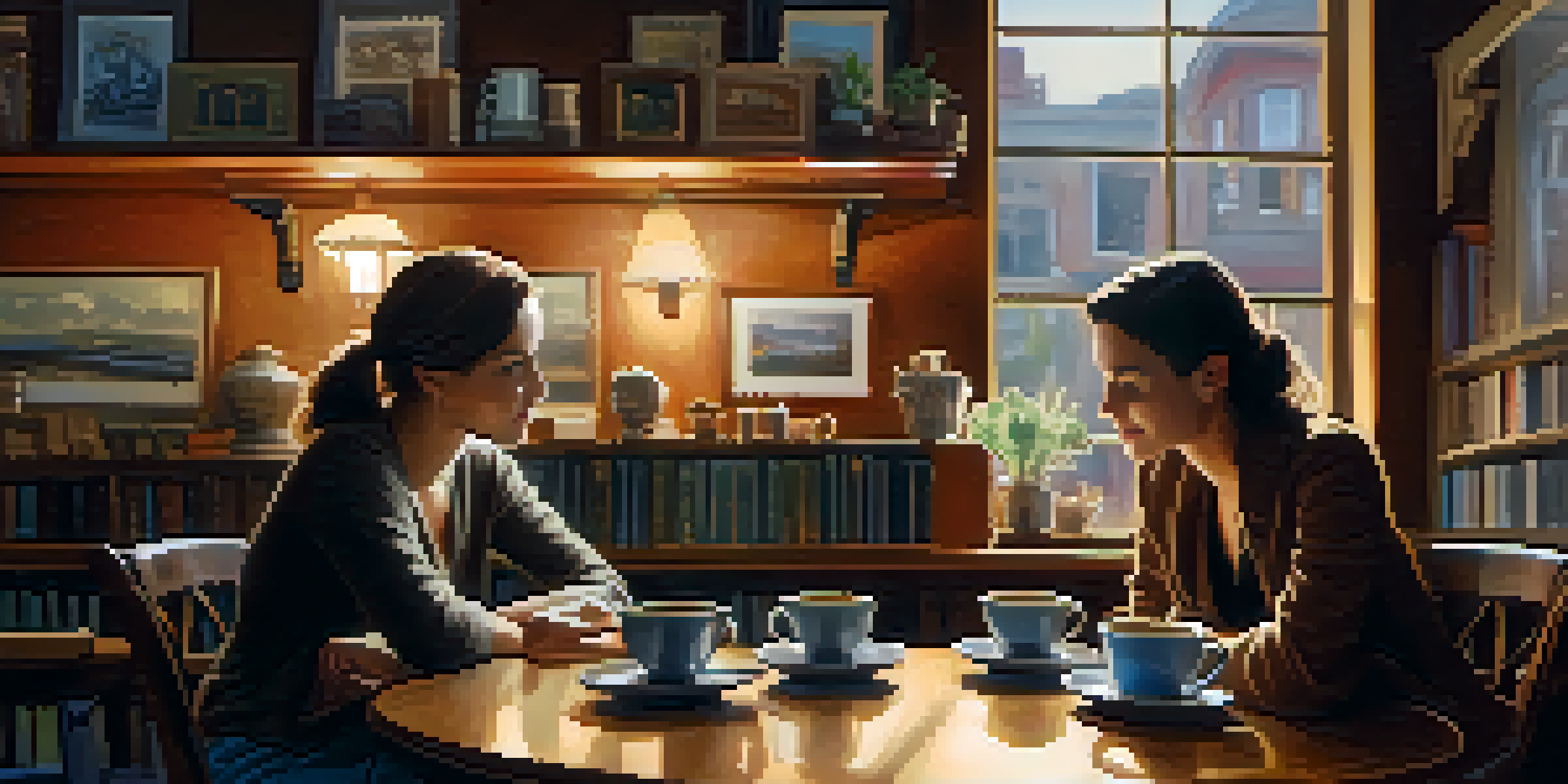 Two friends in a cozy coffee shop engaged in a deep conversation, with coffee cups on the table and warm lighting.
