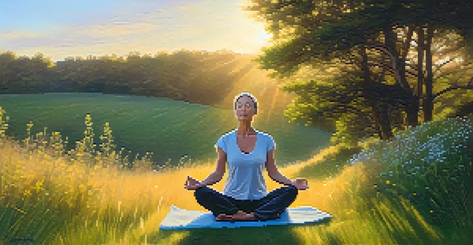 A woman practicing yoga on a grassy hill at sunrise, surrounded by wildflowers and bathed in golden light.