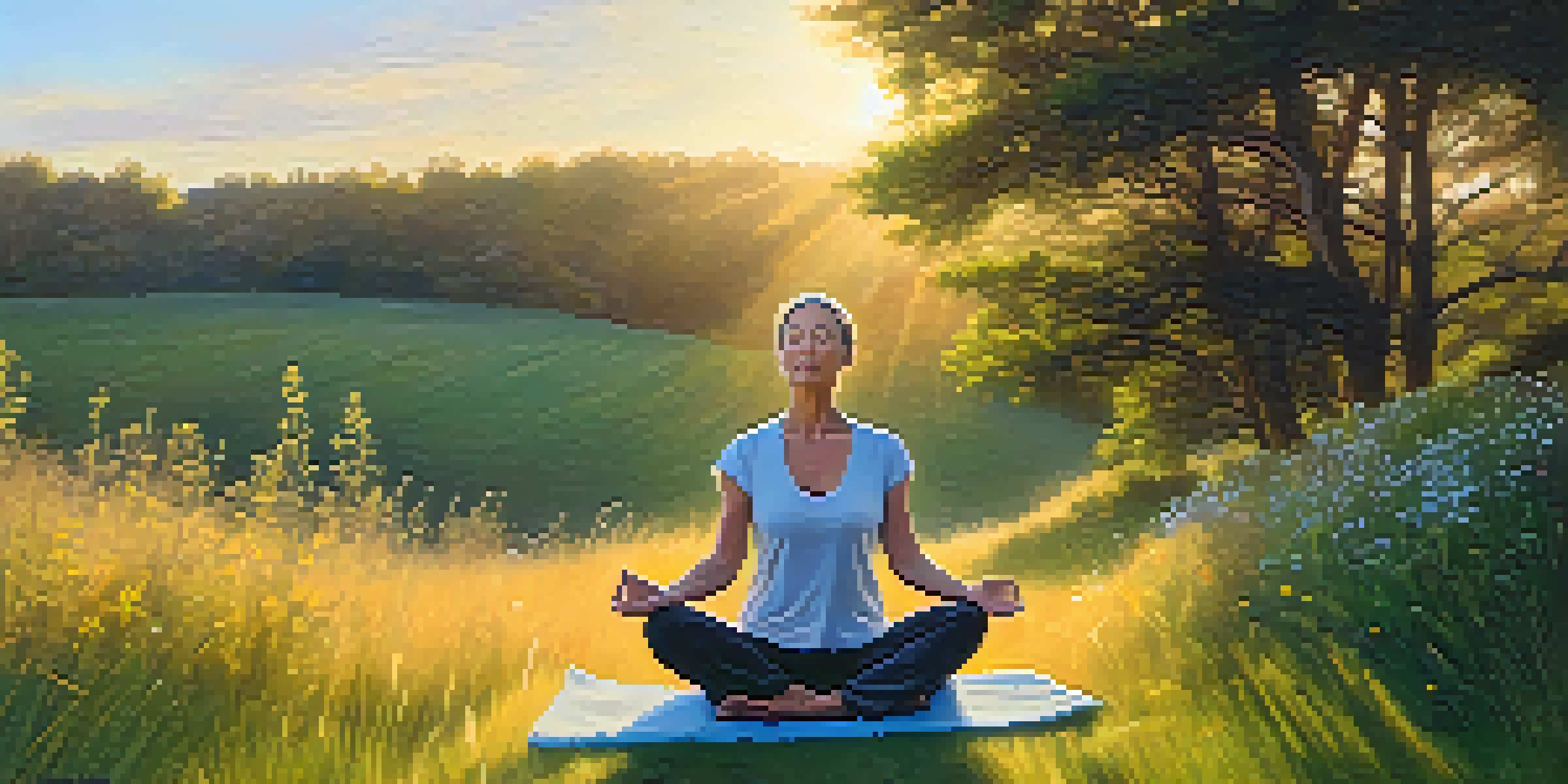 A woman practicing yoga on a grassy hill at sunrise, surrounded by wildflowers and bathed in golden light.