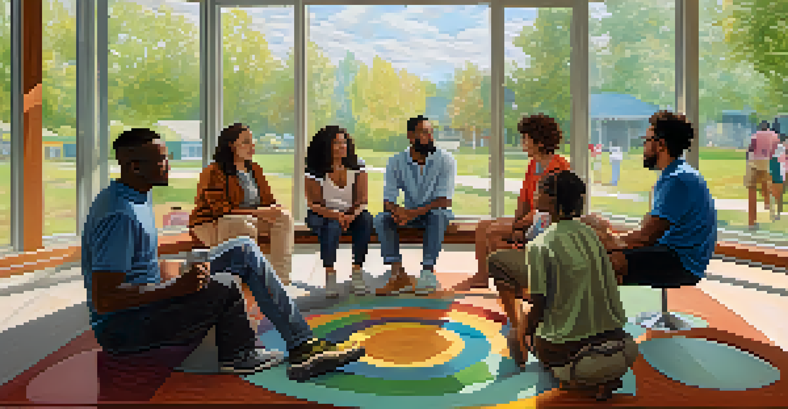 A diverse group of individuals in a circle, discussing and showing empathy in a bright community center.