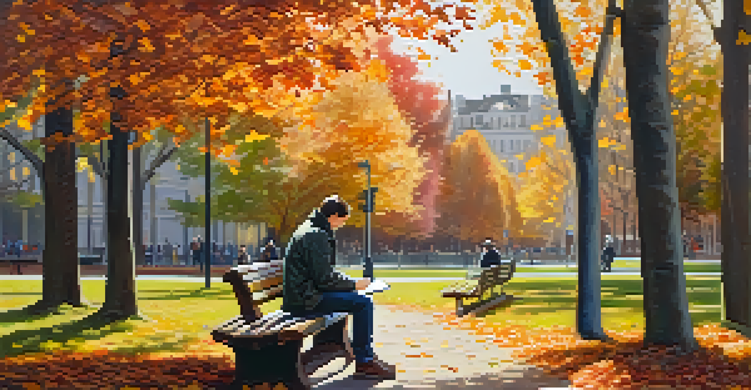 A person sitting on a park bench in autumn, looking at a notebook, surrounded by colorful leaves and dappled sunlight.