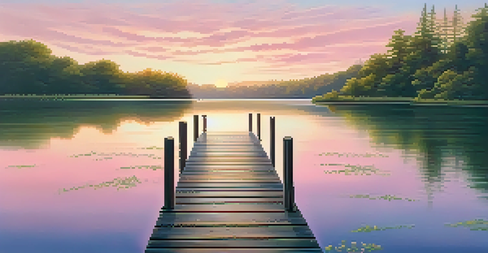 A tranquil lake at sunrise with a wooden dock, surrounded by greenery and wildflowers, reflecting soft pastel colors.