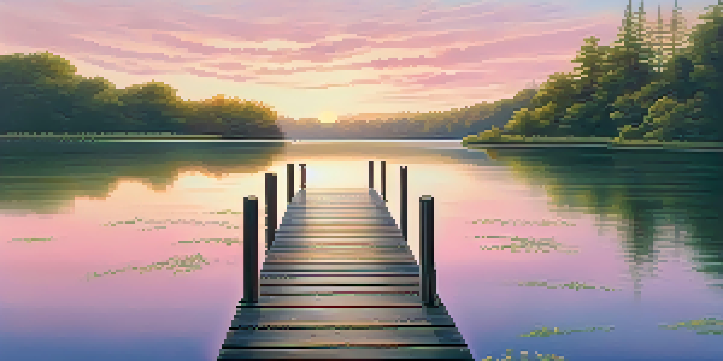 A tranquil lake at sunrise with a wooden dock, surrounded by greenery and wildflowers, reflecting soft pastel colors.