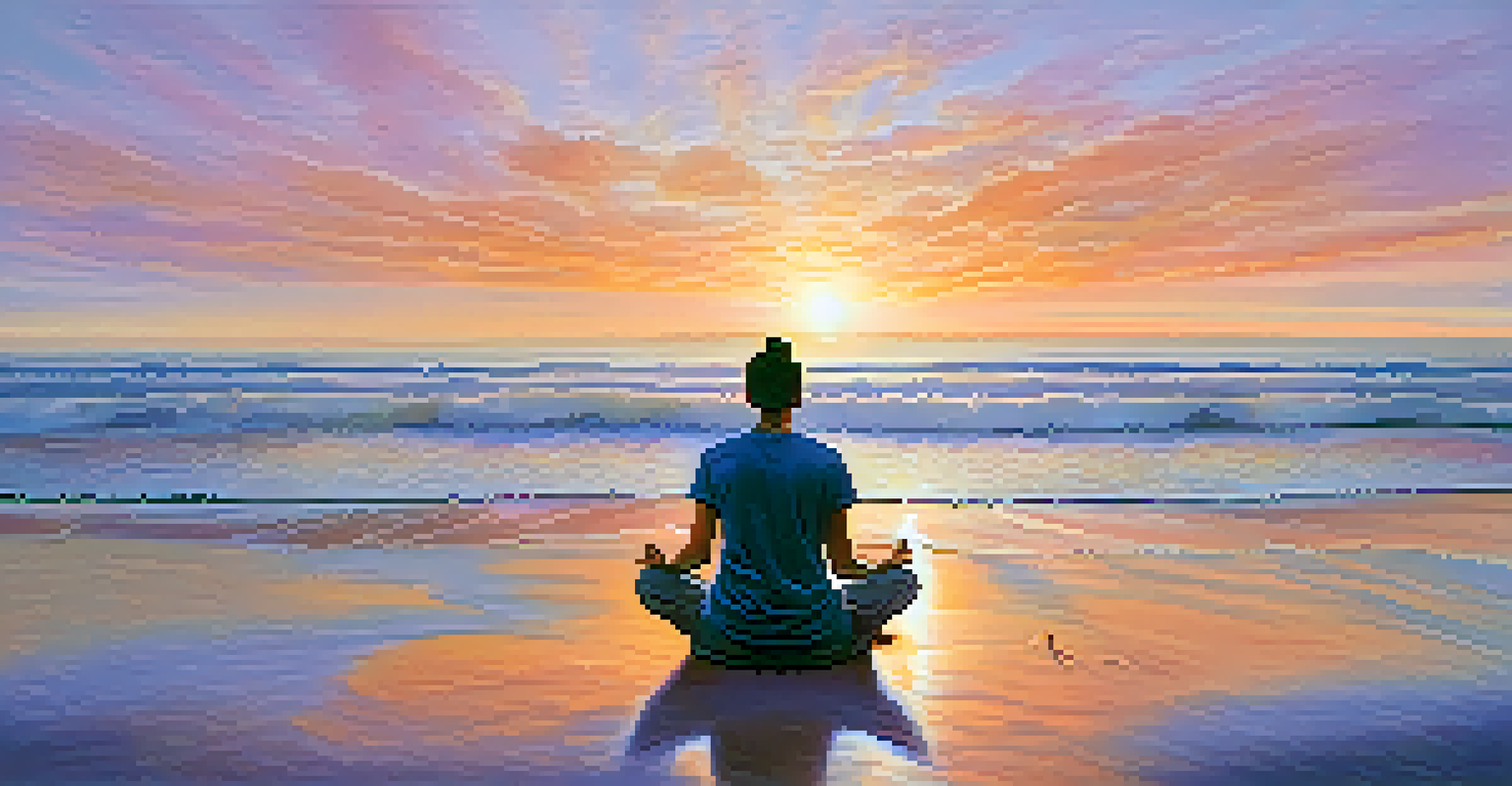 A person meditating on a beach at sunrise, surrounded by gentle waves and a colorful sky, evoking a sense of peace and mindfulness.