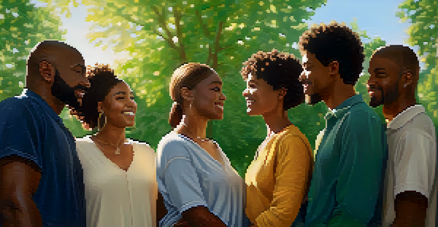 A diverse group of people standing in a circle, showing community support and connection in a park setting.