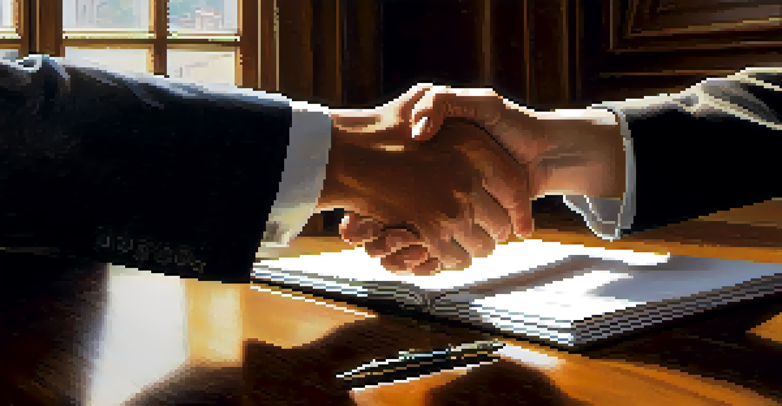 A close-up of a handshake over a table, symbolizing a new professional connection, with a notebook and pen in view.