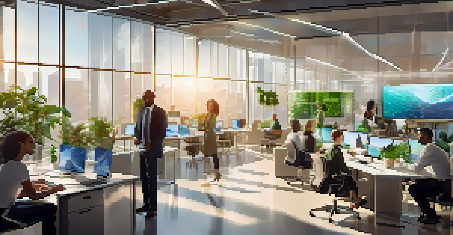 A team of professionals working together in a modern office, using digital screens to collaborate on projects.