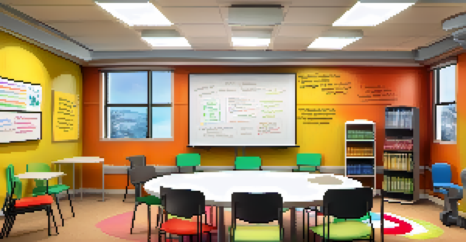 A well-lit training room set up for a workshop on communication skills, featuring a whiteboard and motivational posters.
