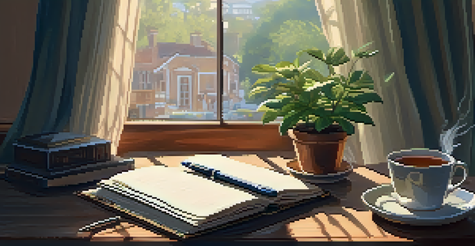 A cozy workspace featuring a wooden desk with a cup of tea, an open journal, and a fountain pen, illuminated by soft sunlight through a window, with a potted plant in the background.