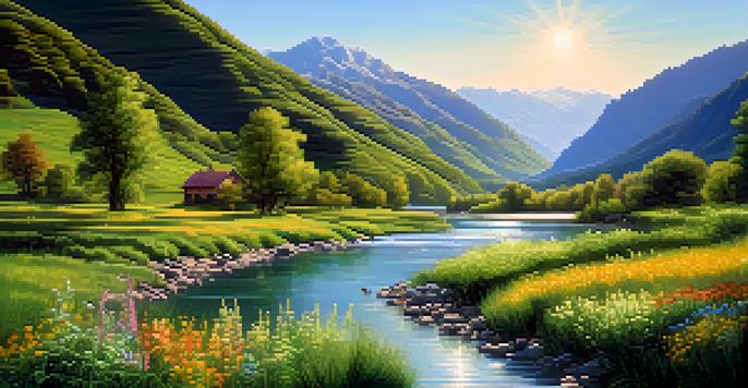 A peaceful river landscape with mountains in the background and colorful wildflowers along the riverbank.