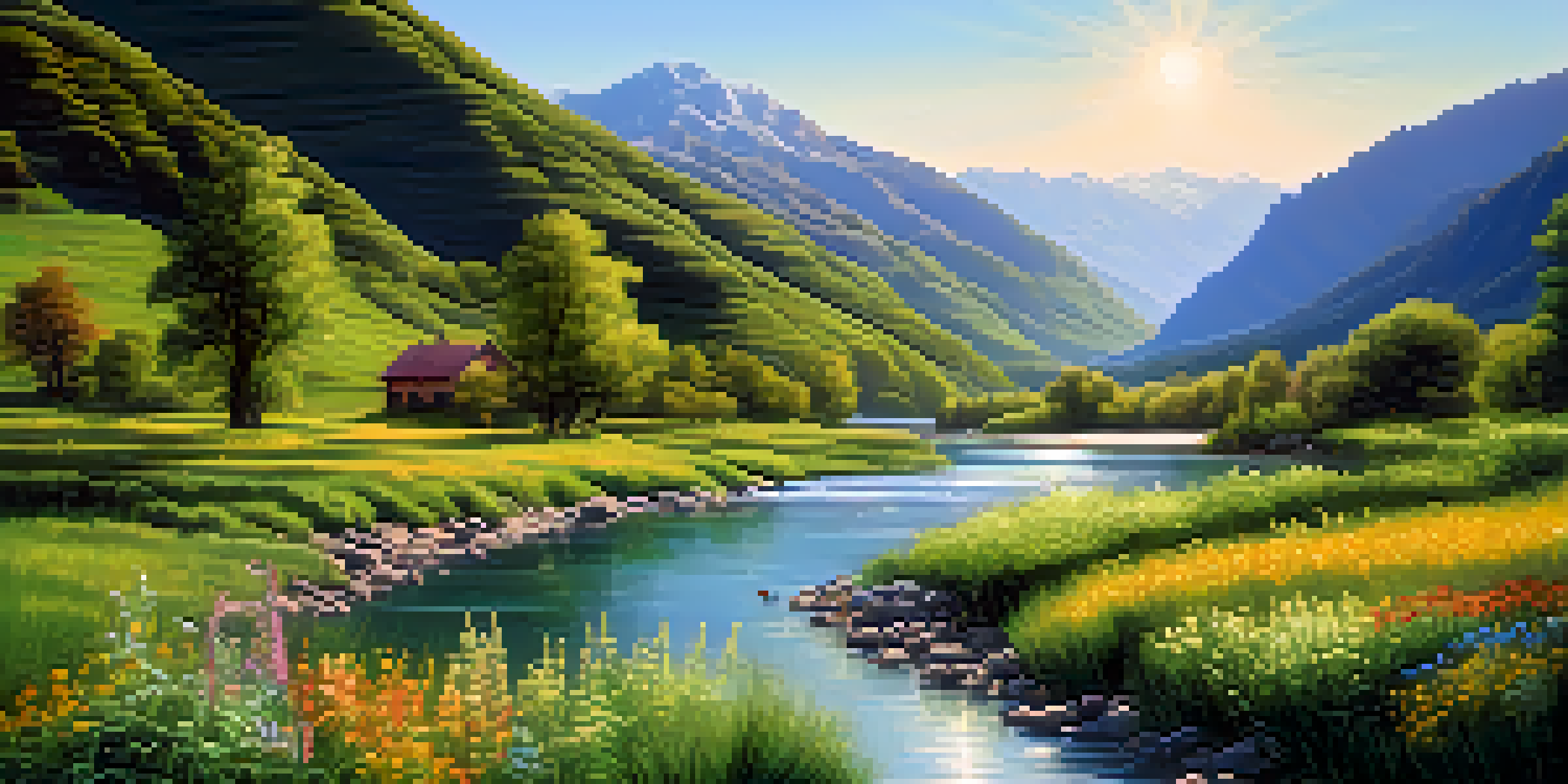 A peaceful river landscape with mountains in the background and colorful wildflowers along the riverbank.