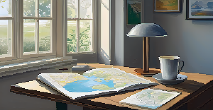 An open life map on a desk with a cup of tea and a notebook, bathed in soft afternoon light.