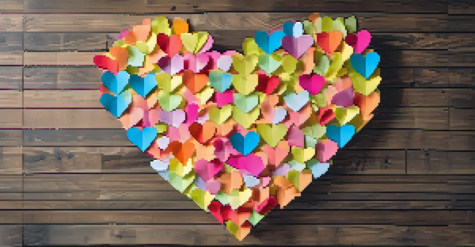 A heart-shaped collage of colorful sticky notes with words of gratitude on a warm wooden background.