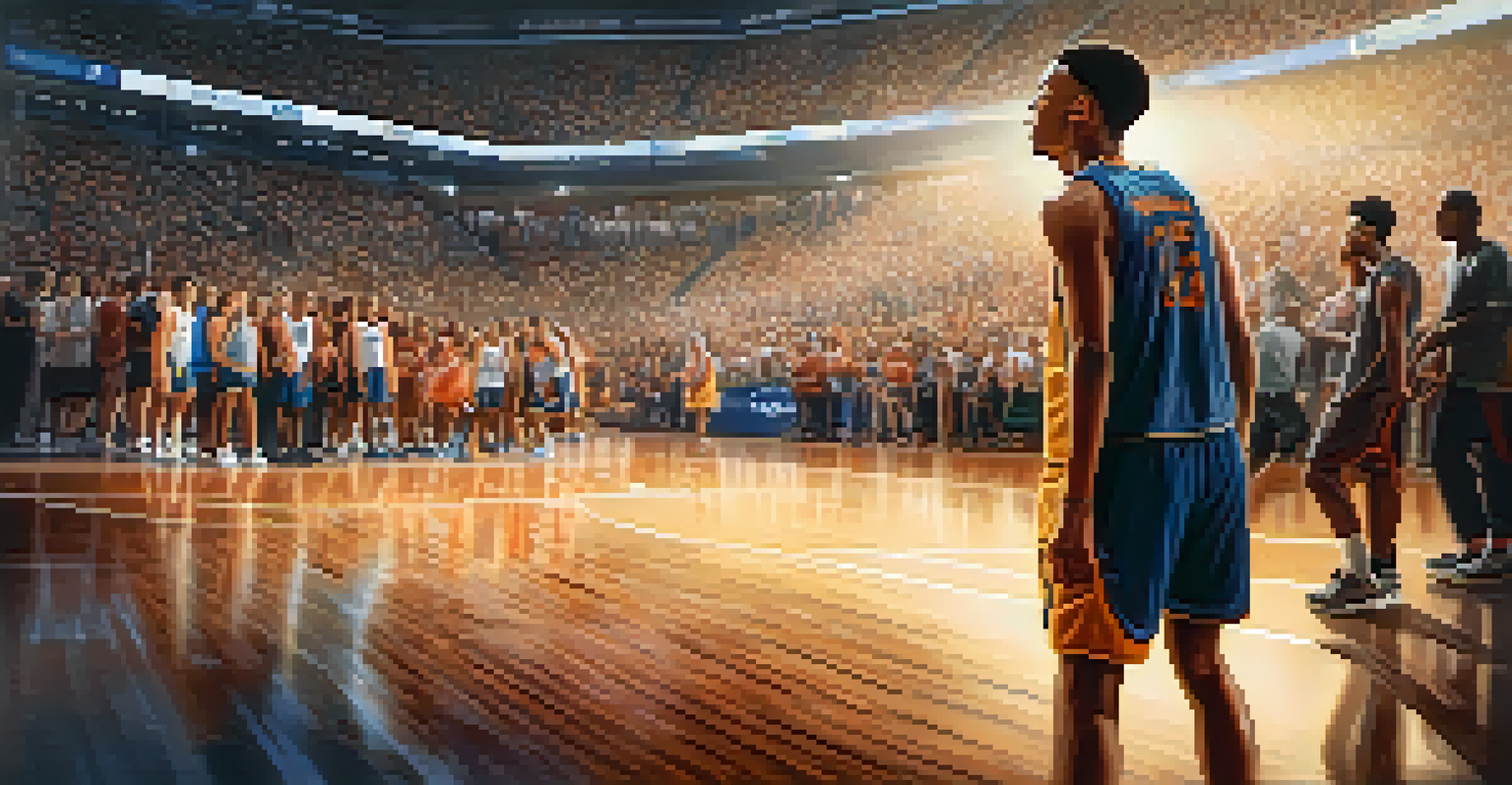 A focused basketball player visualizing success while preparing to shoot on a vibrant court.