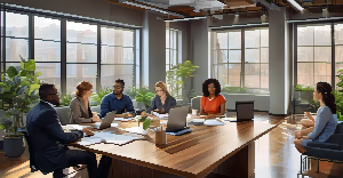 A diverse group of professionals in a bright office meeting, collaborating around a wooden table with laptops and plants in the background.