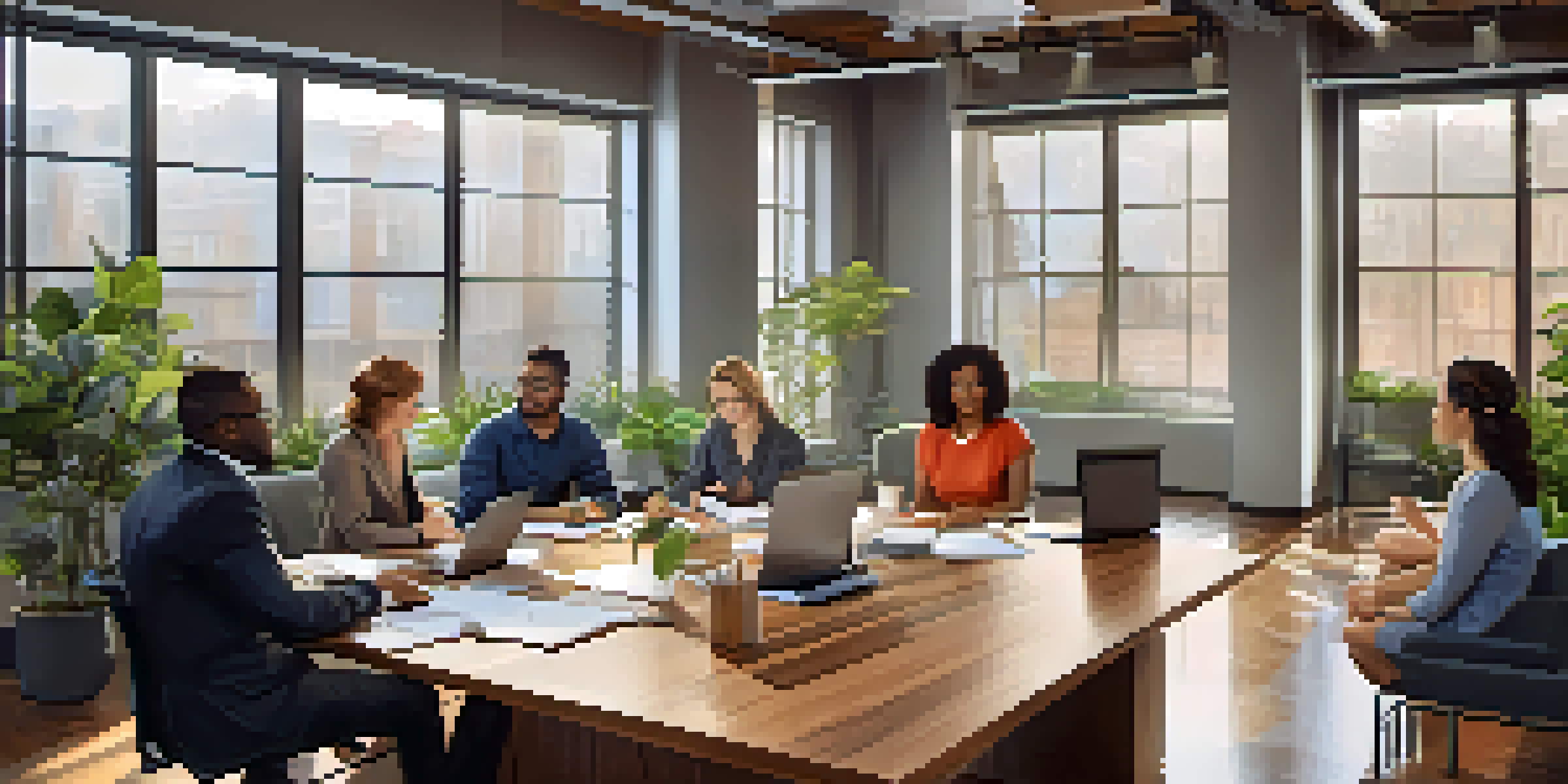 A diverse group of professionals in a bright office meeting, collaborating around a wooden table with laptops and plants in the background.