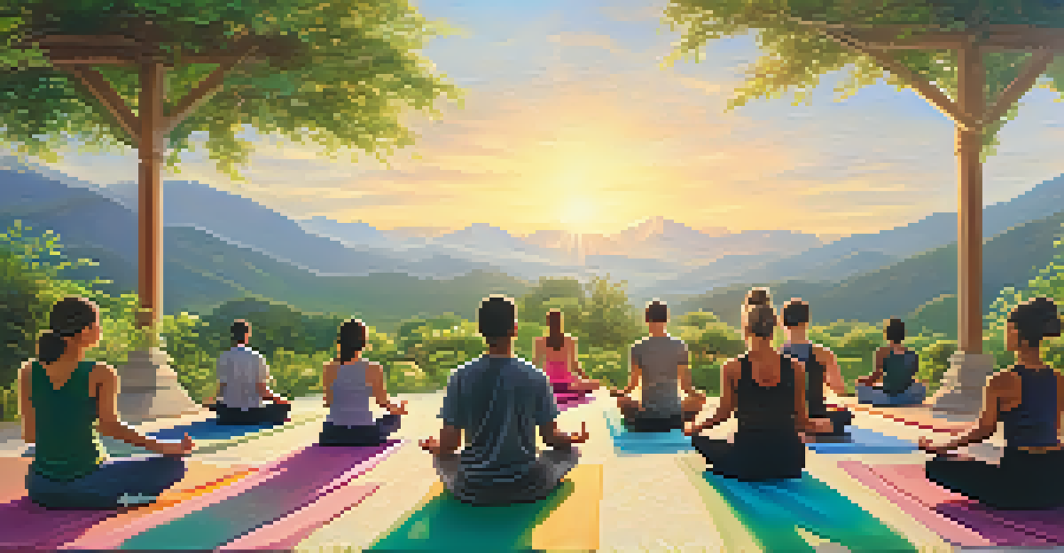 A group of people practicing yoga outdoors at sunrise in a serene landscape.