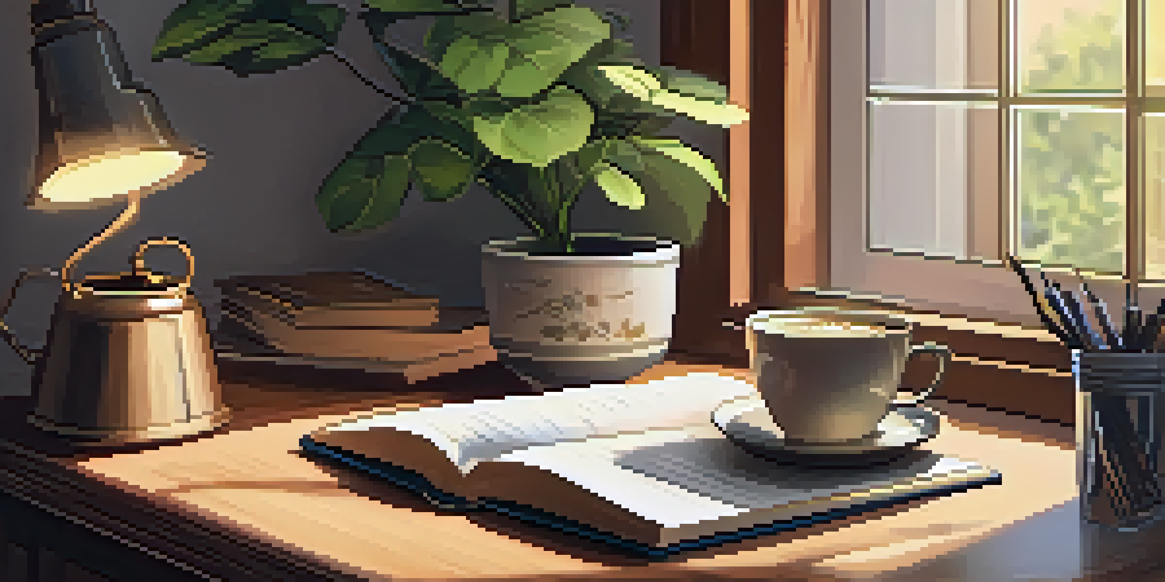 A warm, inviting room corner featuring a wooden desk with a notebook and pen, a cup of coffee, and a small plant, illuminated by soft golden light.