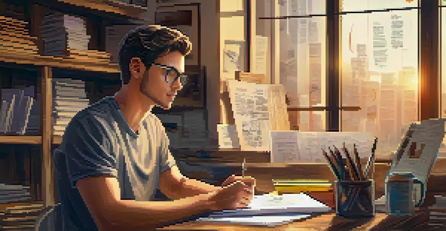 A young entrepreneur at a wooden desk holding a notebook filled with ideas, with a blurred startup office in the background.