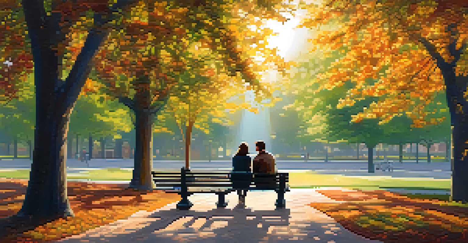 A couple sitting on a park bench, engaged in a heartfelt conversation, surrounded by nature and sunlight filtering through the trees.
