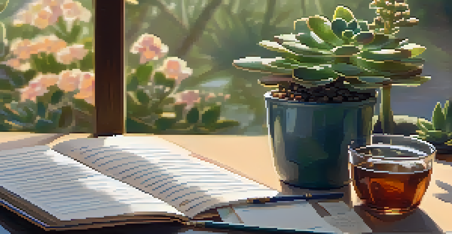 A gratitude journal with notes of appreciation, a cup of tea, and a small plant.