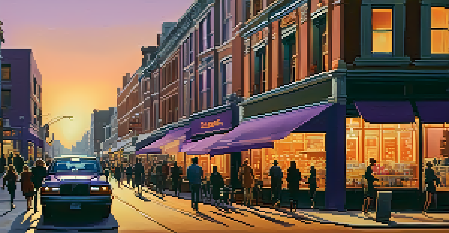 A lively city street at sunset, with people and shops, and an artist painting on the sidewalk.
