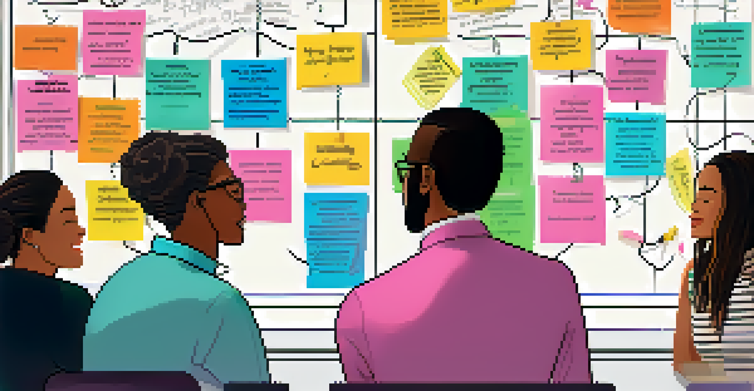 A close-up of a hand writing on a whiteboard covered in colorful sticky notes during a goal-setting workshop, with engaged participants in the background.