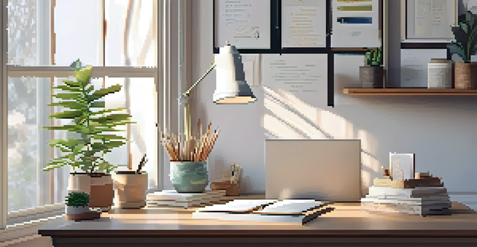 A bright and organized workspace featuring plants, an open gratitude journal, and inspirational quotes, illuminated by soft natural light.