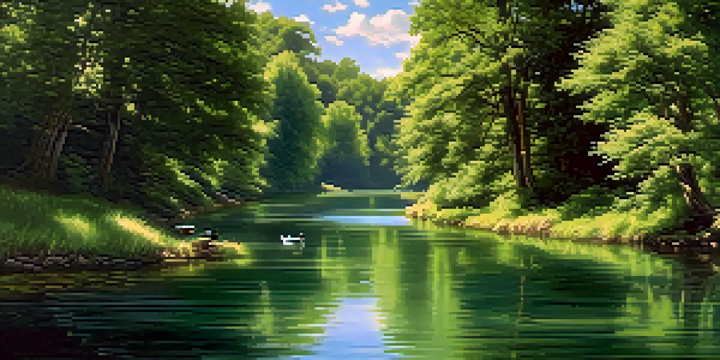 A peaceful river scene with ducks swimming in a lush green valley under a blue sky and soft clouds.