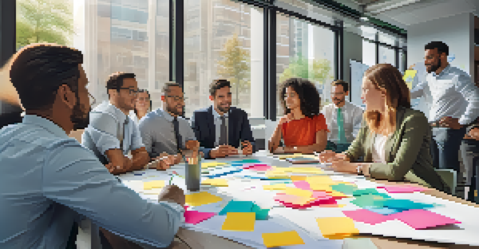 A diverse group of colleagues collaborating in an office setting, surrounded by a whiteboard filled with notes and diagrams.