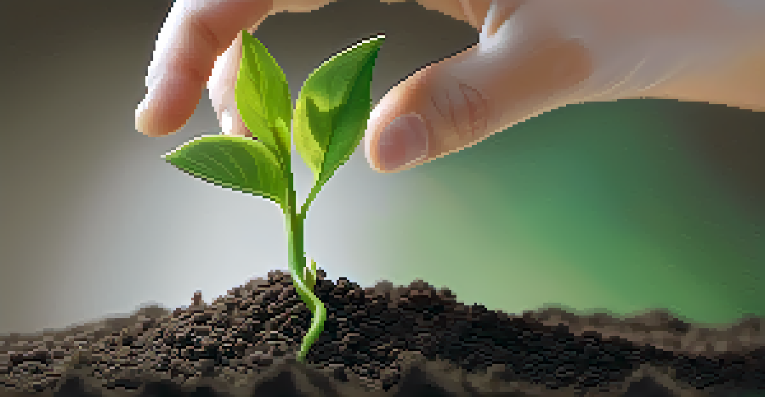 A close-up of a hand holding a small green plant sprouting from the soil, symbolizing growth and resilience.