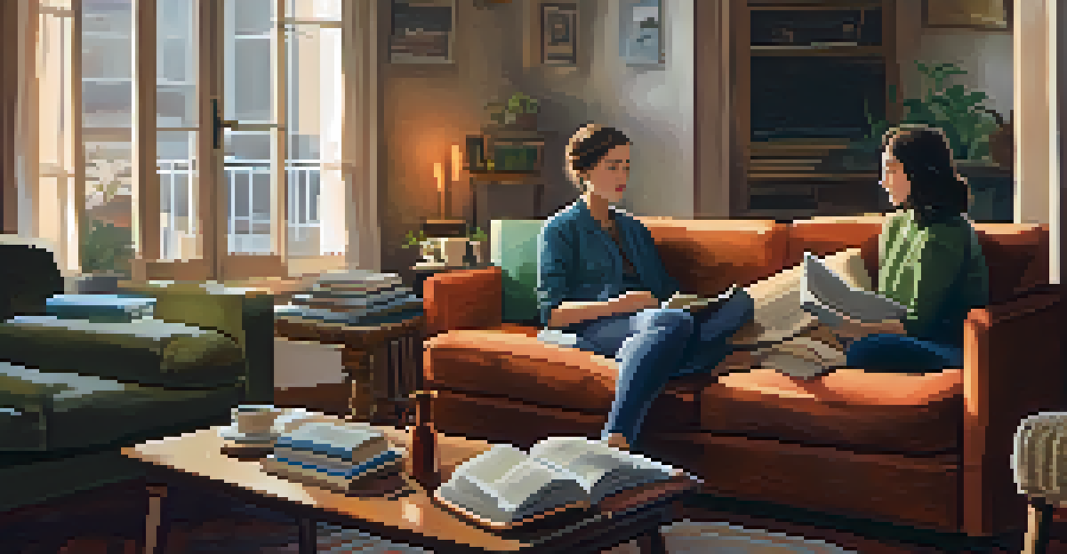 Two friends having a deep conversation in a cozy living room, surrounded by comfortable furnishings and warm lighting.