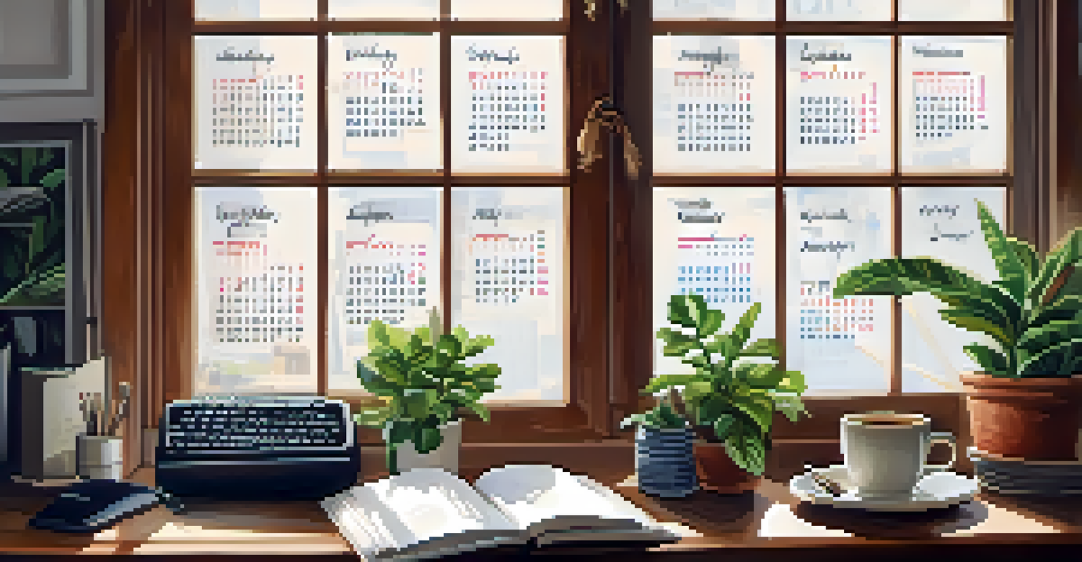 A tidy workspace with a wooden desk, a notebook, a coffee cup, and a plant, illuminated by natural light.