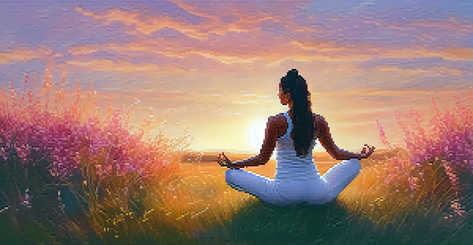 A person practicing yoga in a grassy field at sunset, surrounded by wildflowers, with a colorful sky reflecting tranquility and mindfulness.