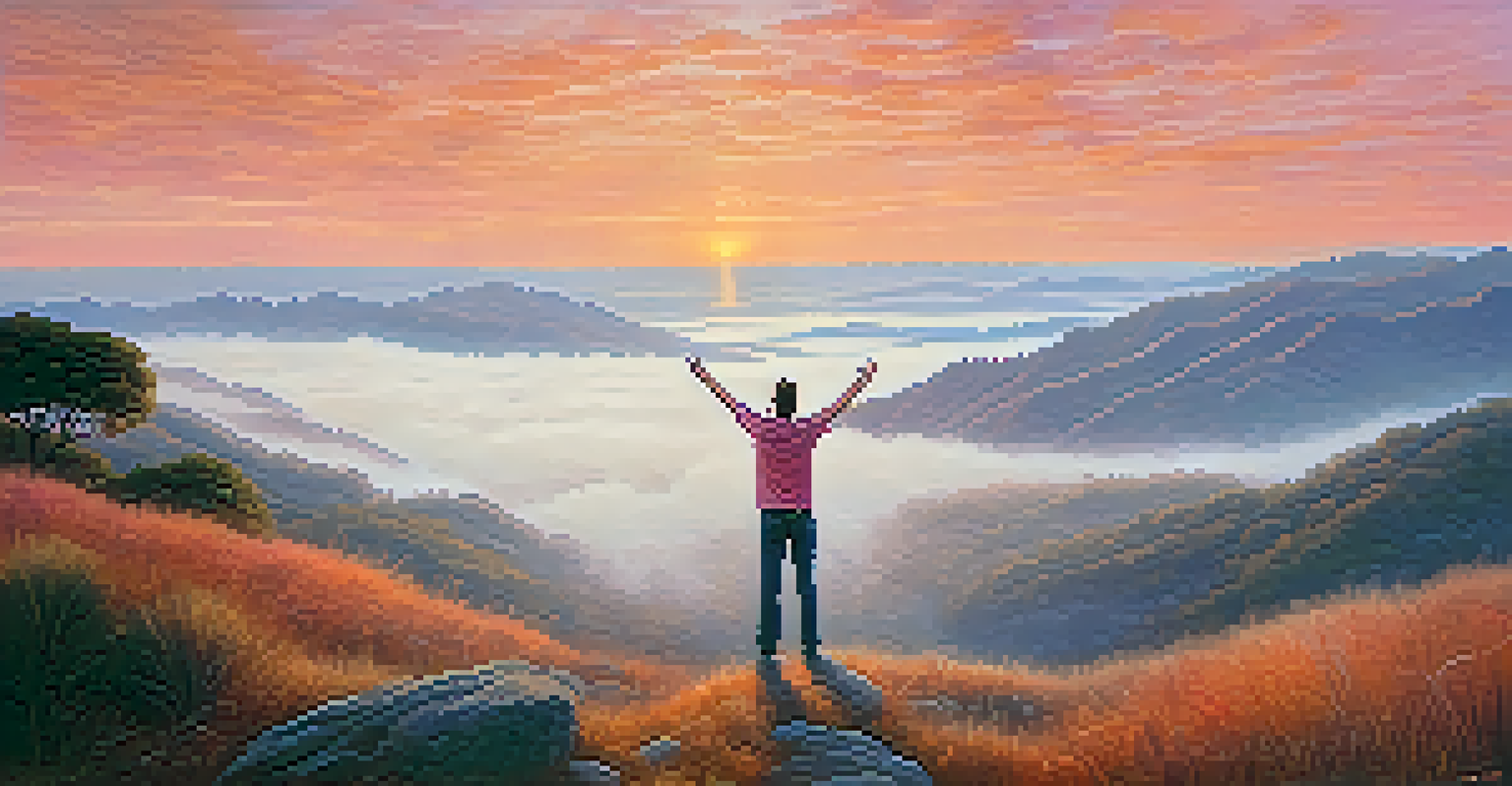 A person standing on a hilltop at sunrise, arms outstretched in a hopeful gesture.